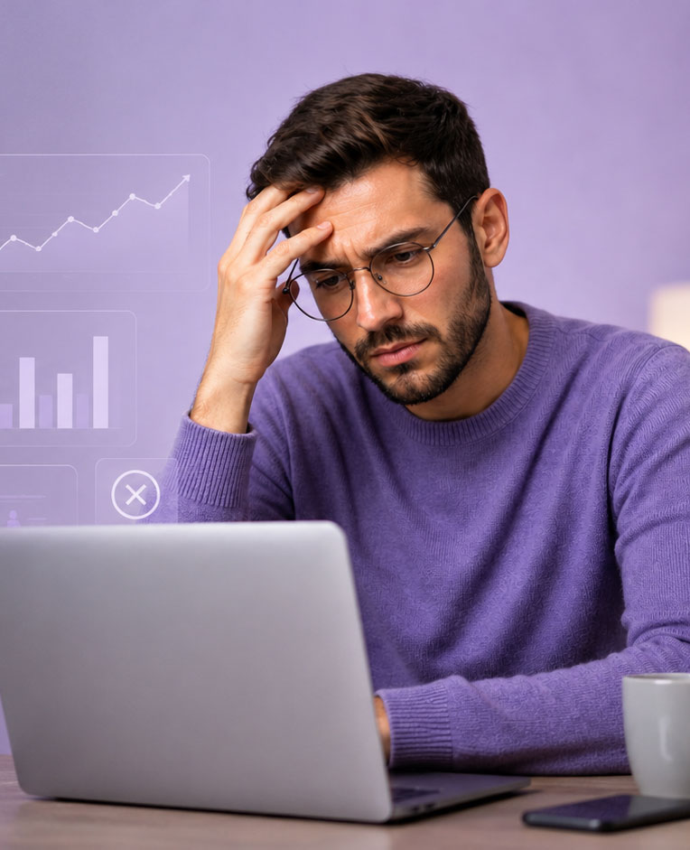 Hombre frustrado revisando métricas