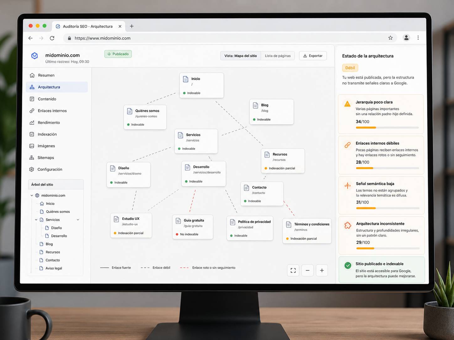 Sitio web con una arquitectura SEO débil y difícil de interpretar