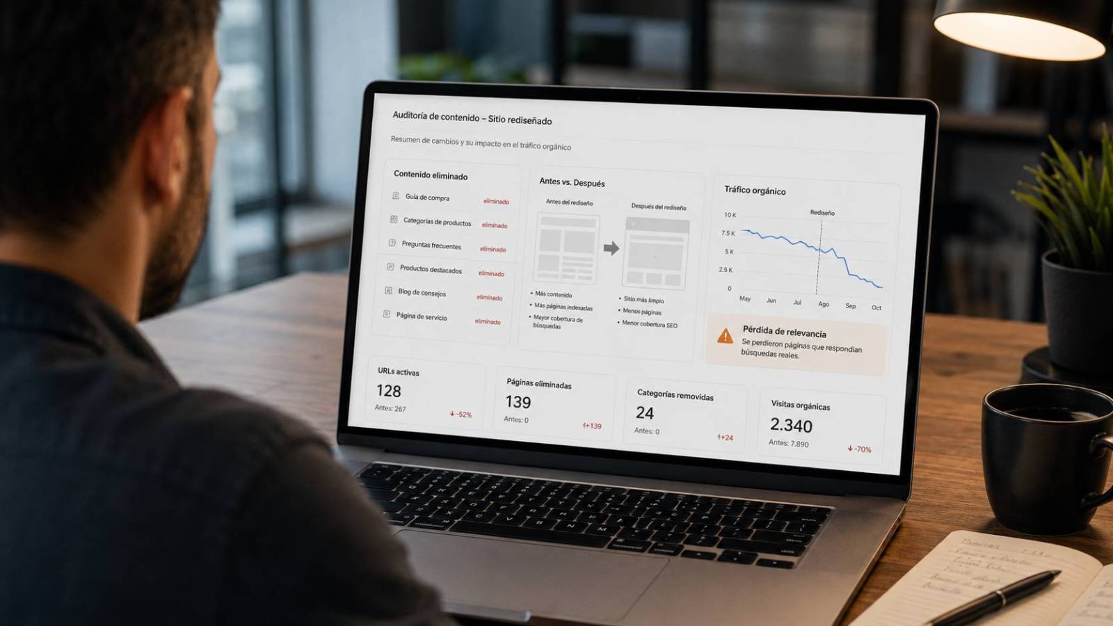 Contenido SEO eliminado que provocó pérdida de tráfico orgánico después de publicar una nueva web